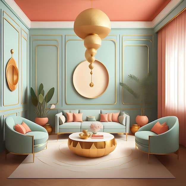 Design intérieur de la maison salon rendre le luxe décoratif vert et liquide orange