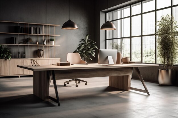 Design intérieur de maquette de bureau moderne avec ordinateur sur une table, murs blancs, photo lumineuse