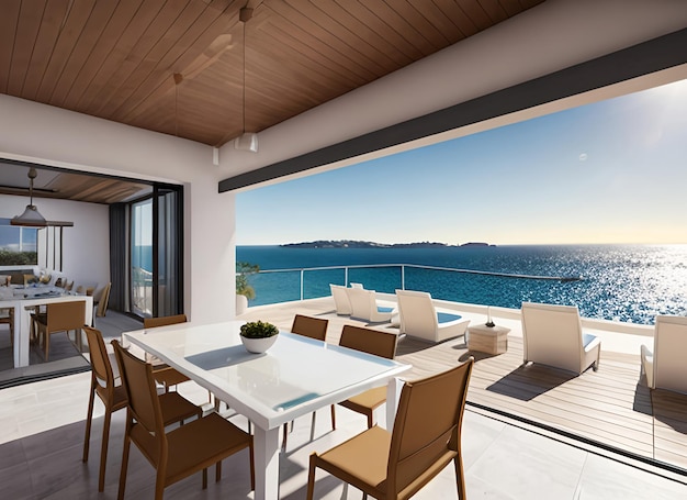 Design intérieur méditerranéen d'une salle à manger moderne dans une villa en bord de mer avec une vue imprenable sur la mer