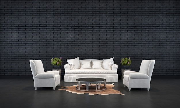 Le design d'intérieur minimal du salon et le fond de texture de mur de briques noires