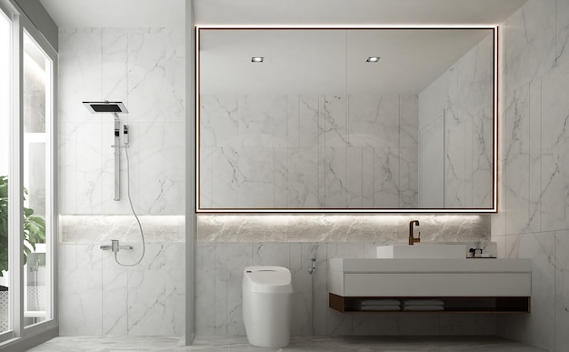 Design d'intérieur minimal de salle de bains et toilettes blanches et lavabo et rendu 3D en marbre