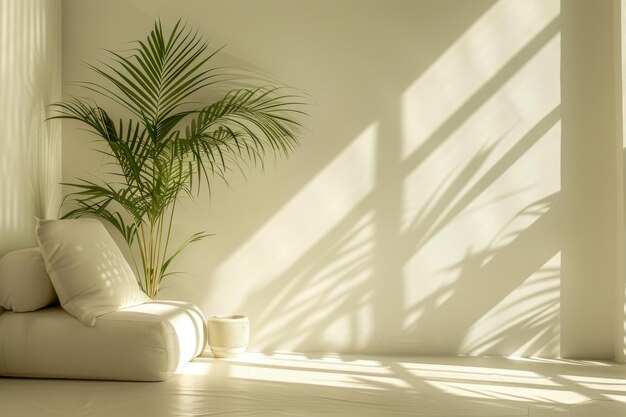 Design intérieur minimaliste avec un canapé blanc avec la lumière du soleil jetant des ombres sereines accompagnées d'un palmier en pot luxuriant