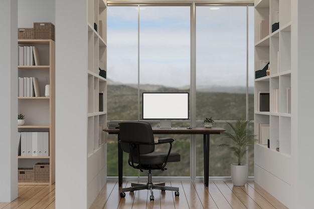 Design d'intérieur minimaliste moderne de salle de bureau ou de bureau à domicile avec maquette d'ordinateur sur une table