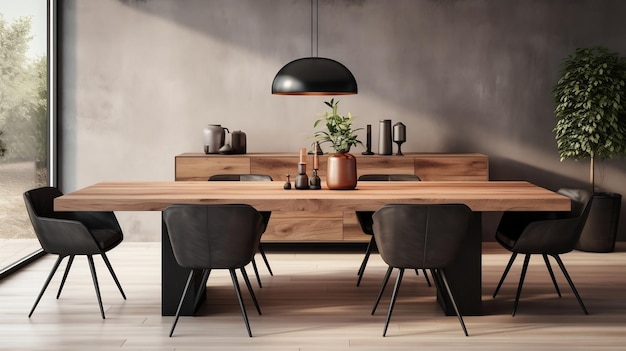 Design d'intérieur minimaliste d'une salle à manger moderne avec table et chaises en bois
