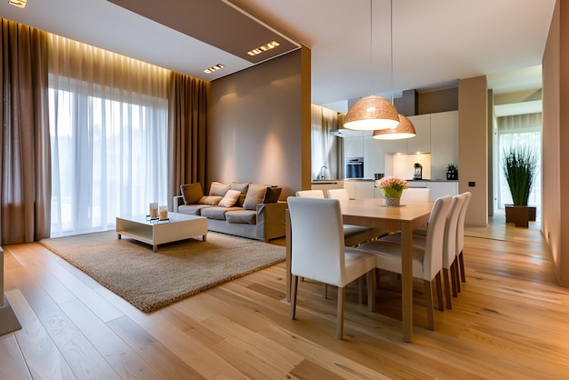 Design intérieur moderne de l'appartement salle à manger avec table et chaises salon vide avec panorama mural beige