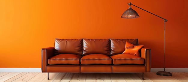 Design intérieur moderne avec canapé en cuir brun et lampe sur mur orange