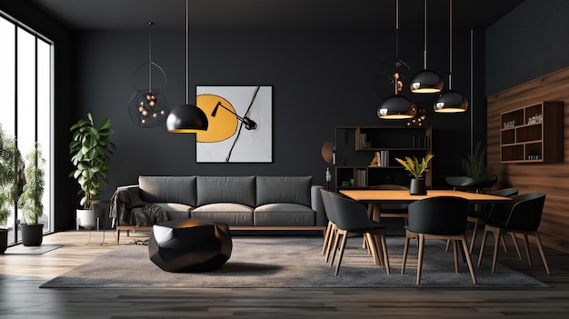 design d'intérieur moderne avec un canapé noir génératif AI AI généré