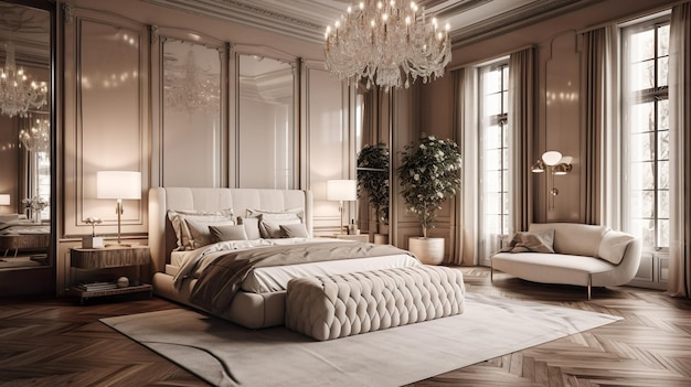 Design d'intérieur moderne de chambre à coucher de luxe Chambre royale avec pouf de lit beige et lustre en parquet de canapé et décor riche Espace de maison contemporain avec fond d'illustration de meubles AI générative