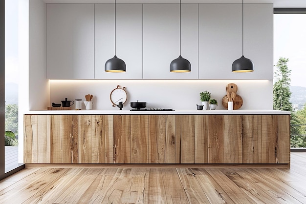 Design d'intérieur moderne de cuisine contemporaine en blanc et en bois