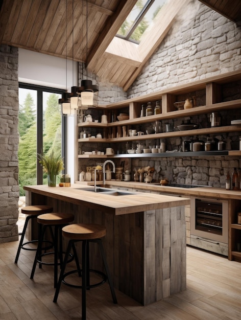 Design intérieur moderne de cuisine rustique avec île