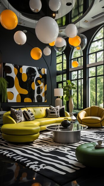 Design intérieur moderne du salon avec canapé jaune et tapis à rayures noires et blanches