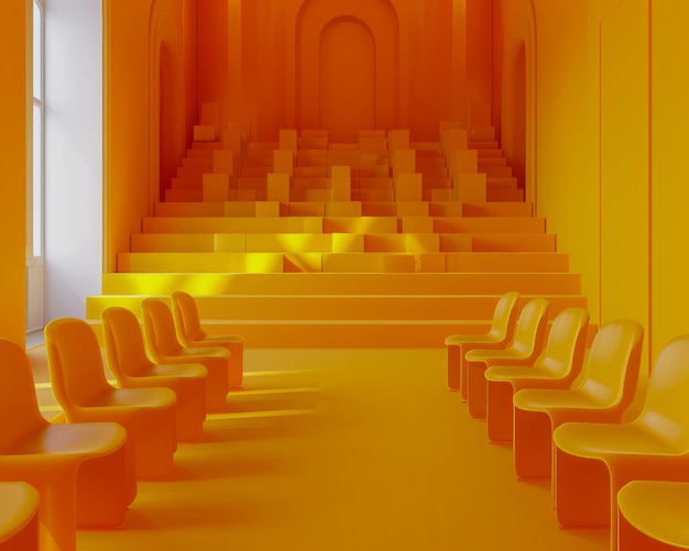 Photo design d'intérieur moderne jaune vibrant avec des marches géométriques et des chaises minimalistes contemporaines