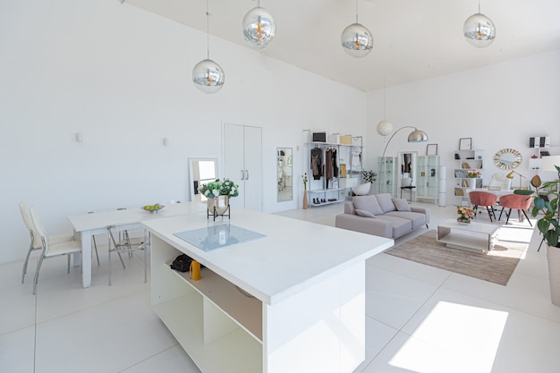 Design intérieur moderne de luxe confortable d'un studio dans des couleurs extra blanches avec des meubles coûteux à la mode dans un style minimaliste.