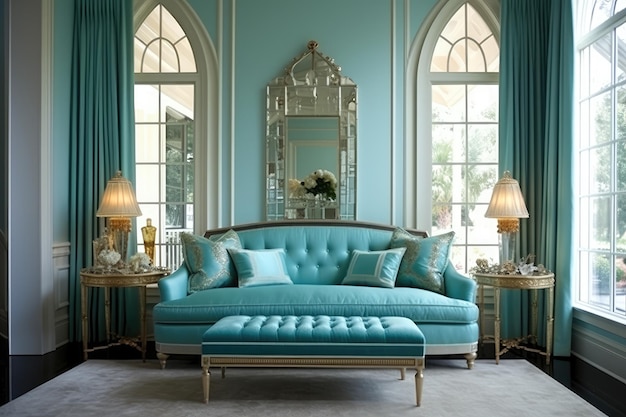 Design intérieur moderne et luxueux de salon minimal avec canapé et décorations colorées