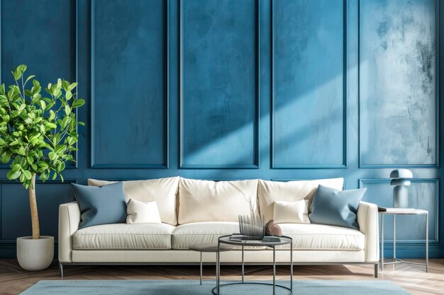 Photo design intérieur moderne de salon bleu et blanc et fond de texture de mur bleu