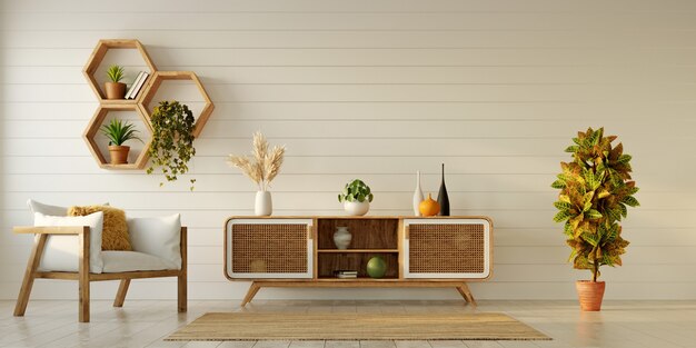 Design d'intérieur moderne de salon avec des meubles en bois et des étagères hexagonales sur un mur en bois blanc, rendu 3d