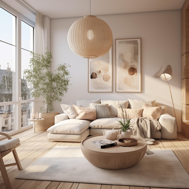 Design d'intérieur moderne de style japandi, éclairage de salon et appartement scandinave ensoleillé avec