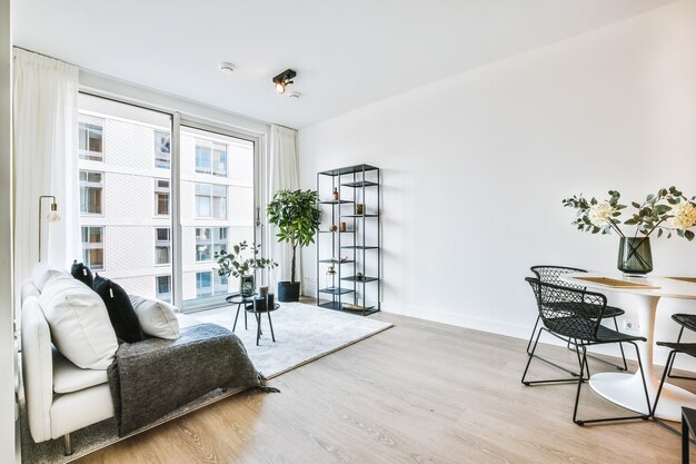 Design intérieur moderne de la zone de salon avec des meubles doux gris clair avec des coussins et des tables décoratives placées sur un tapis dans un appartement spacieux avec des murs blancs