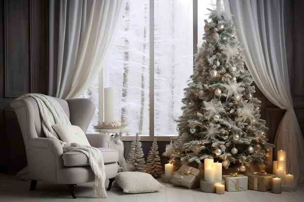 Design intérieur de Noël dans le salon avec décoration d'arbre de Noël
