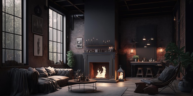 Design d'intérieur noir de salon de luxe avec cheminée