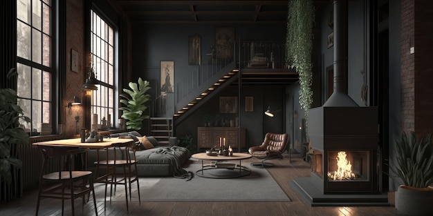 Design d'intérieur noir de salon de luxe avec cheminée