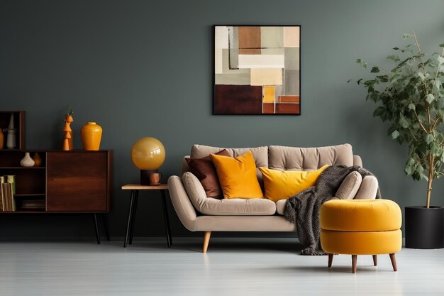 Design d'intérieur Peinture abstraite sur mur gris de l'intérieur du salon rétro avec canapé beige avec oreillers fauteuil vert foncé vintage et pouf jaune avec livre