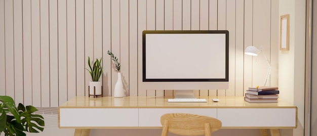 Design d'intérieur de poste de travail de bureau minimal confortable avec maquette d'écran blanc de bureau pc décors minimaux sur une plante d'intérieur de table en bois et fond d'écran blanc minimal rendu 3d illustration 3d