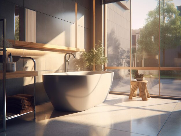 Design d'intérieur réaliste salle de bain avec baignoire design minimal moderne IA générative