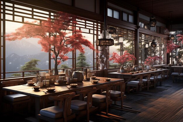 Design d'intérieur de restaurant japonais moderne et réaliste créé avec l'IA générative