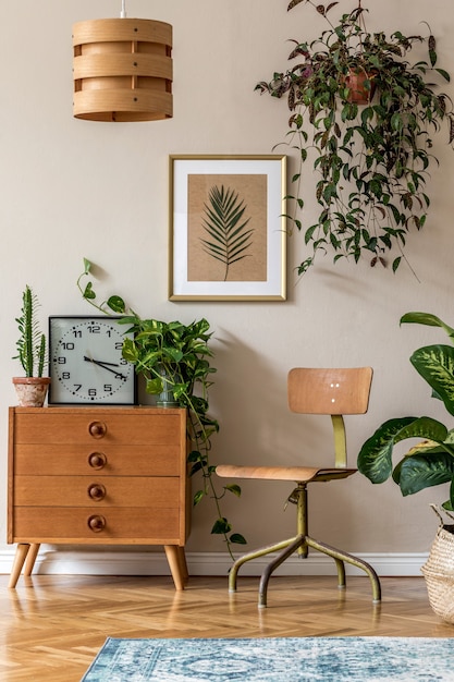 Design d'intérieur rétro du salon avec chaise et commode vintage design, plantes, cactus, horloge, accessoires personnels et cadre doré sur le mur beige. Décor à la maison élégant..