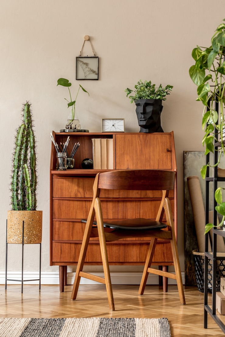Photo design d'intérieur rétro de la salle d'atelier d'art avec bureau et chaise vintage en bois, plantes d'étagère, cactus, livres, photos et accessoires personnels élégants. décor à la maison vintage élégant. mur beige..