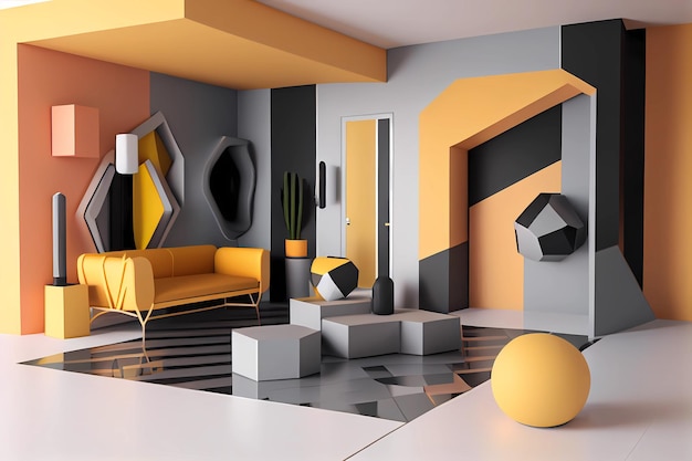 Design d'intérieur de salle 3d avec des formes géométriques ai générative