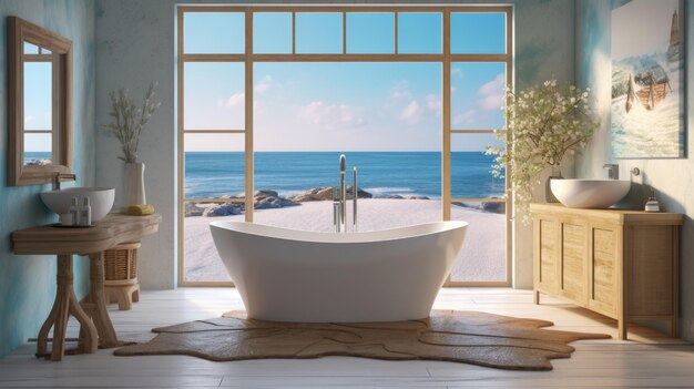 Photo le design intérieur de la salle de bain en bois clair de couleur beige avec vue sur l'océan image ai générative aig30