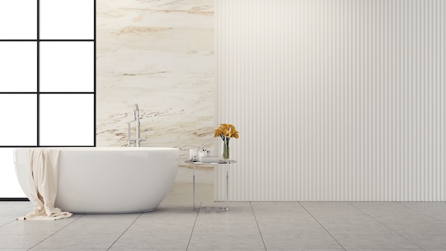 Design d&#39;intérieur de salle de bain moderne et loft, baignoire blanche avec mur en marbre