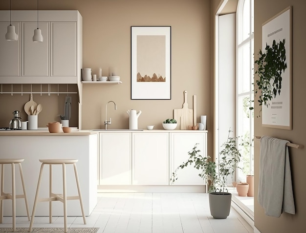 Design d'intérieur de salle de bain scandinave minimaliste avec petite affiche vierge