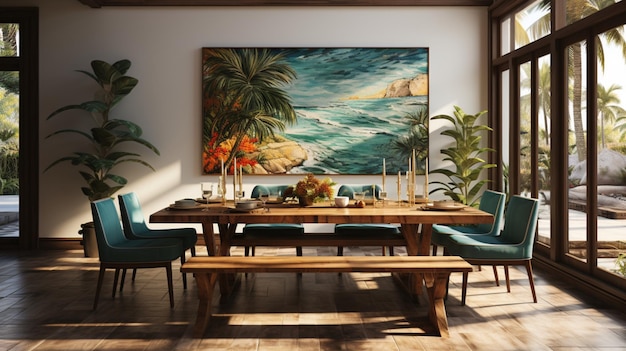 Design intérieur de salle à manger authentique tropicale avec mur de galerie