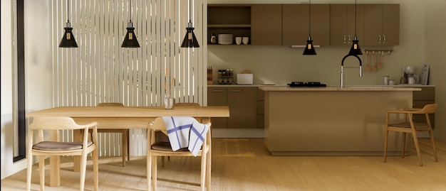 Design d'intérieur de salle à manger minimaliste avec table à manger en bois avec chaises contre la cuisine moderne