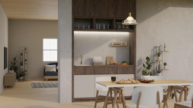 Design d'intérieur de salle à manger moderne minimaliste blanc et bois avec table à manger en bois minimale
