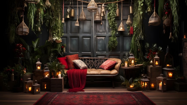 Design d'intérieur de la salle de Noël dans le style boho Salle de séjour lumineuse ornée de décorations de Noël festives Photographie hyperréaliste IA générative