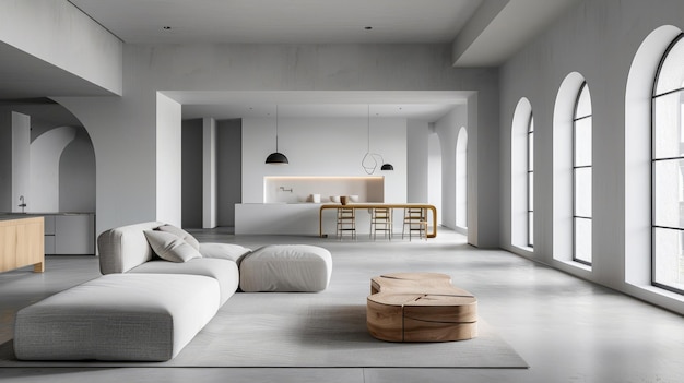 Design d'intérieur de salle de séjour au plancher ouvert minimaliste