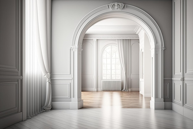 Photo design d'intérieur de salle vide dans des tons blancs et gris espace ouvert classique avec parquet en bois