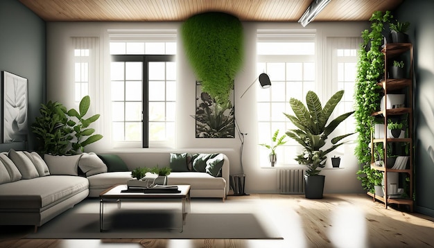 Design d'intérieur salon avec beaucoup de plantes