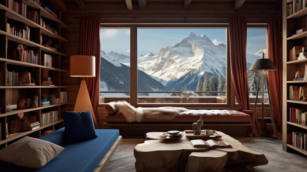 Photo le design intérieur d'un salon en bois moderne avec bibliothèque et vue sur la montagne des alpes generative ai aig27