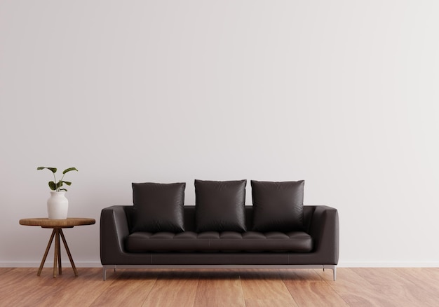 Design d'intérieur de salon contemporain avec un canapé noir sur fond blanc