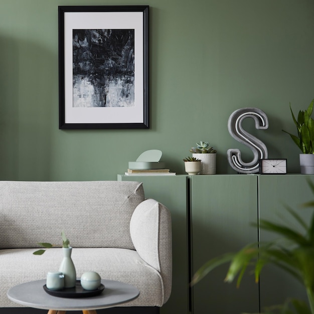 Design d'intérieur de salon élégant avec cadre d'affiche maquette canapé gris moderne commode en bois paravent plantes et accessoires élégants Mur d'eucalyptus Modèle Espace copie