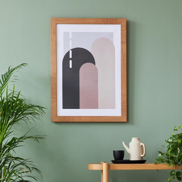 Design d'intérieur de salon élégant avec cadre d'affiche maquette étagère en bois plantes et accessoires créatifs pour la maison Mur d'eucalyptus Modèle de mise en scène à domicile Espace de copie