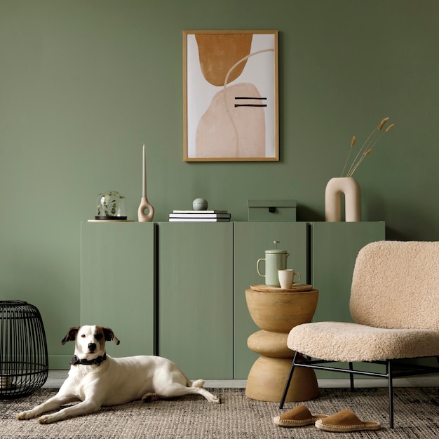 Design d'intérieur de salon élégant avec cadre d'affiche de maquette moderne frotte fauteuil commode en bois beau chien allongé sur le tapis et accessoires élégants Mur d'eucalyptus Modèle Espace copie