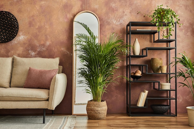 Design d'intérieur de salon élégant avec canapé moderne beige étagère en métal noir miroir plantes et accessoires élégants Modèle de papier peint créatif Espace de copie