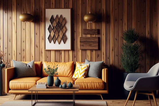 Design d'intérieur d'un salon élégant et confortable avec une texture de mur en bois