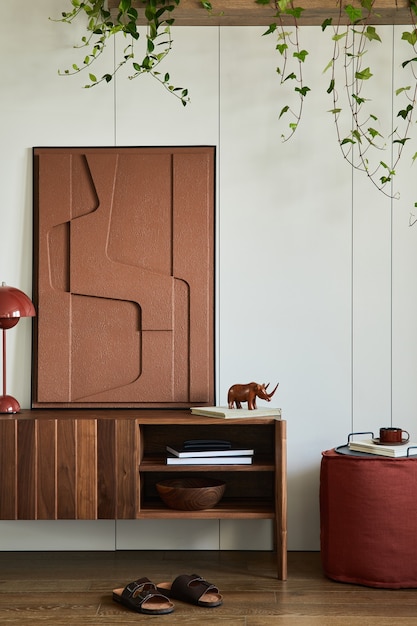 Design d'intérieur de salon élégant et créatif avec commode en bois, peinture de structure, plantes et décorations personnelles. Espace ensoleillé et chic, style minimaliste. Modèle.